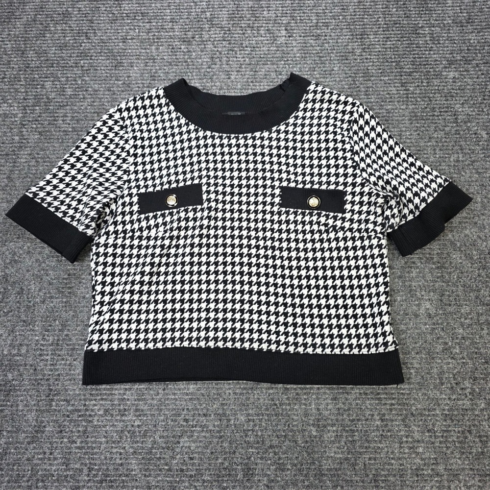 Ann Taylor Houndstooth Knit Sweater Top Women's Size M Black White Short Sleeve